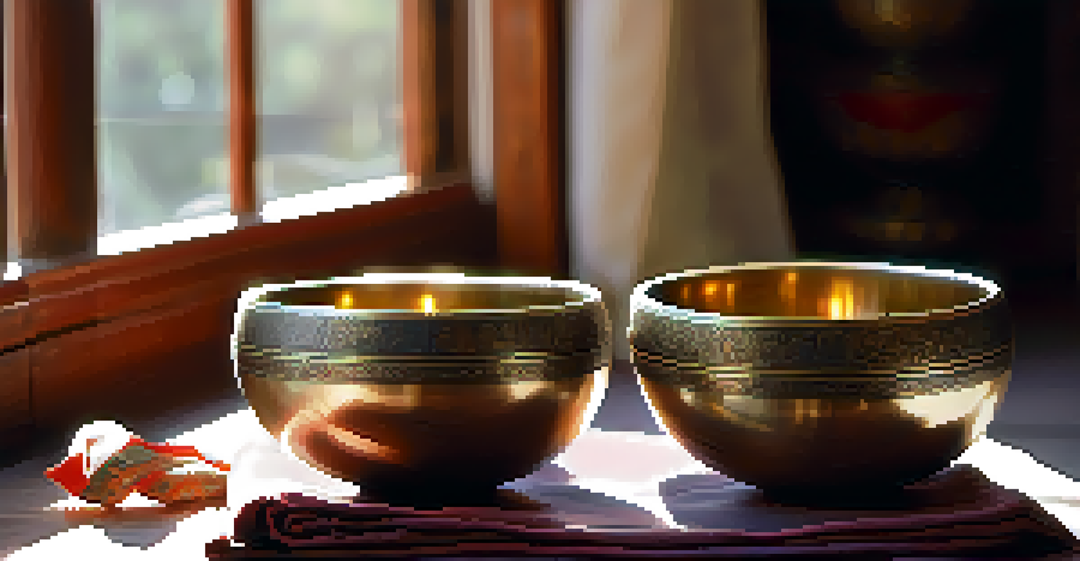 A detailed view of polished Tibetan singing bowls with sunlight reflecting off their surfaces, emphasizing their beauty and the act of meditation through sound.