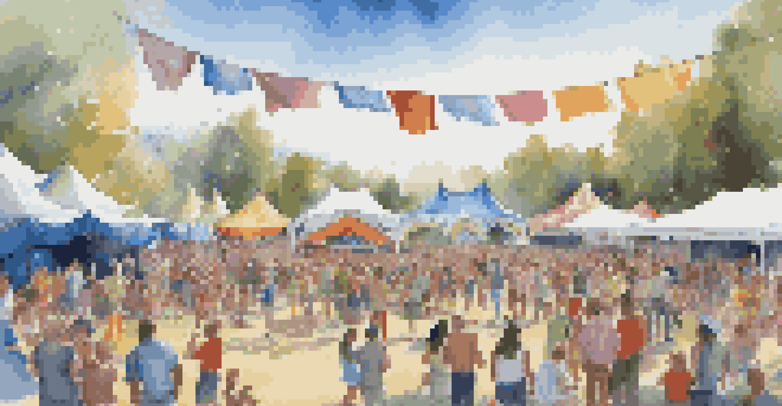 A lively outdoor music festival with families enjoying performances under a clear sky.