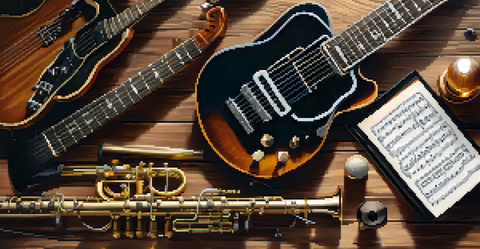 A flat lay arrangement of various musical instruments on a wooden table, with sheet music scattered around and warm lighting.