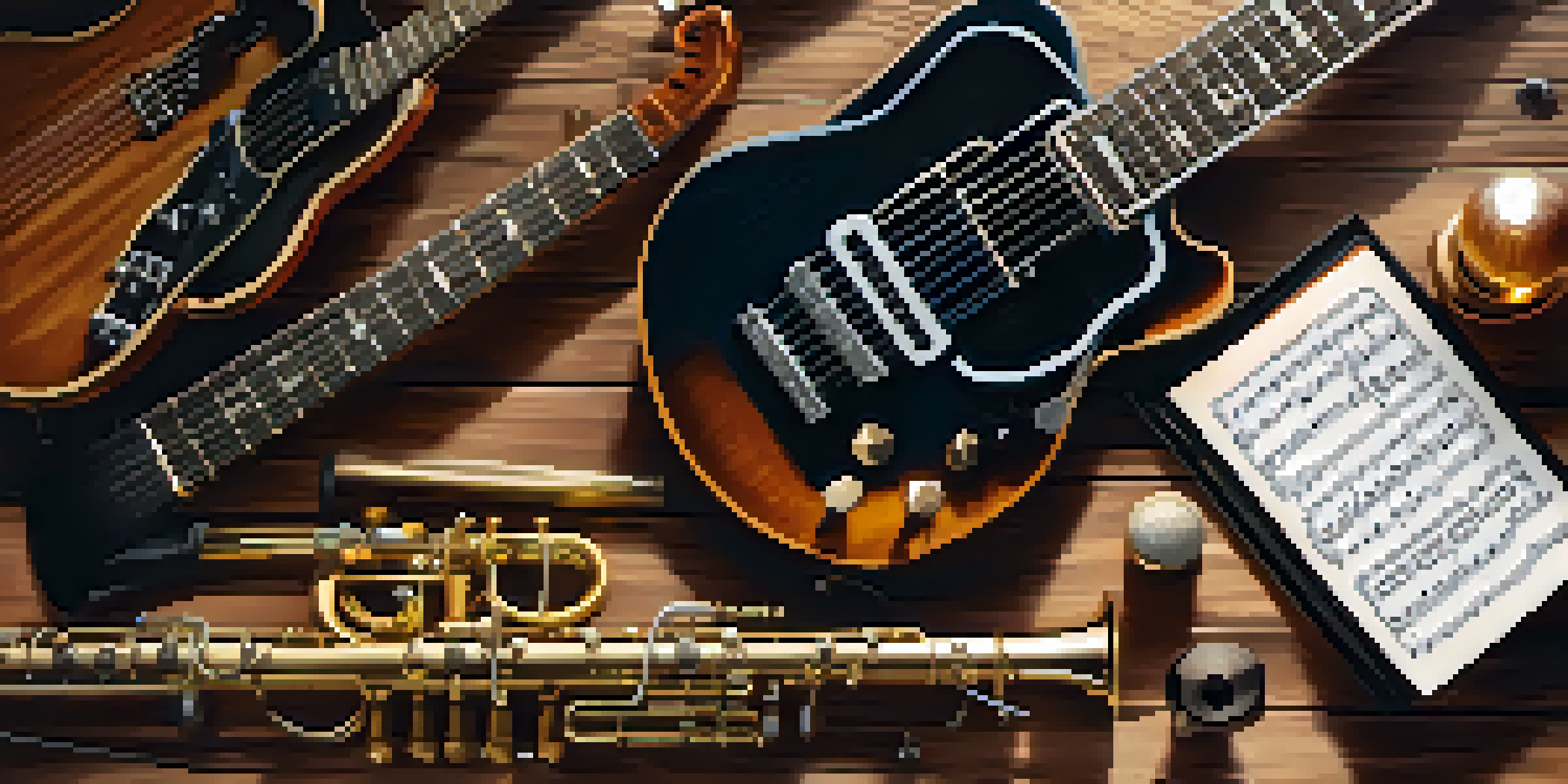 A flat lay arrangement of various musical instruments on a wooden table, with sheet music scattered around and warm lighting.