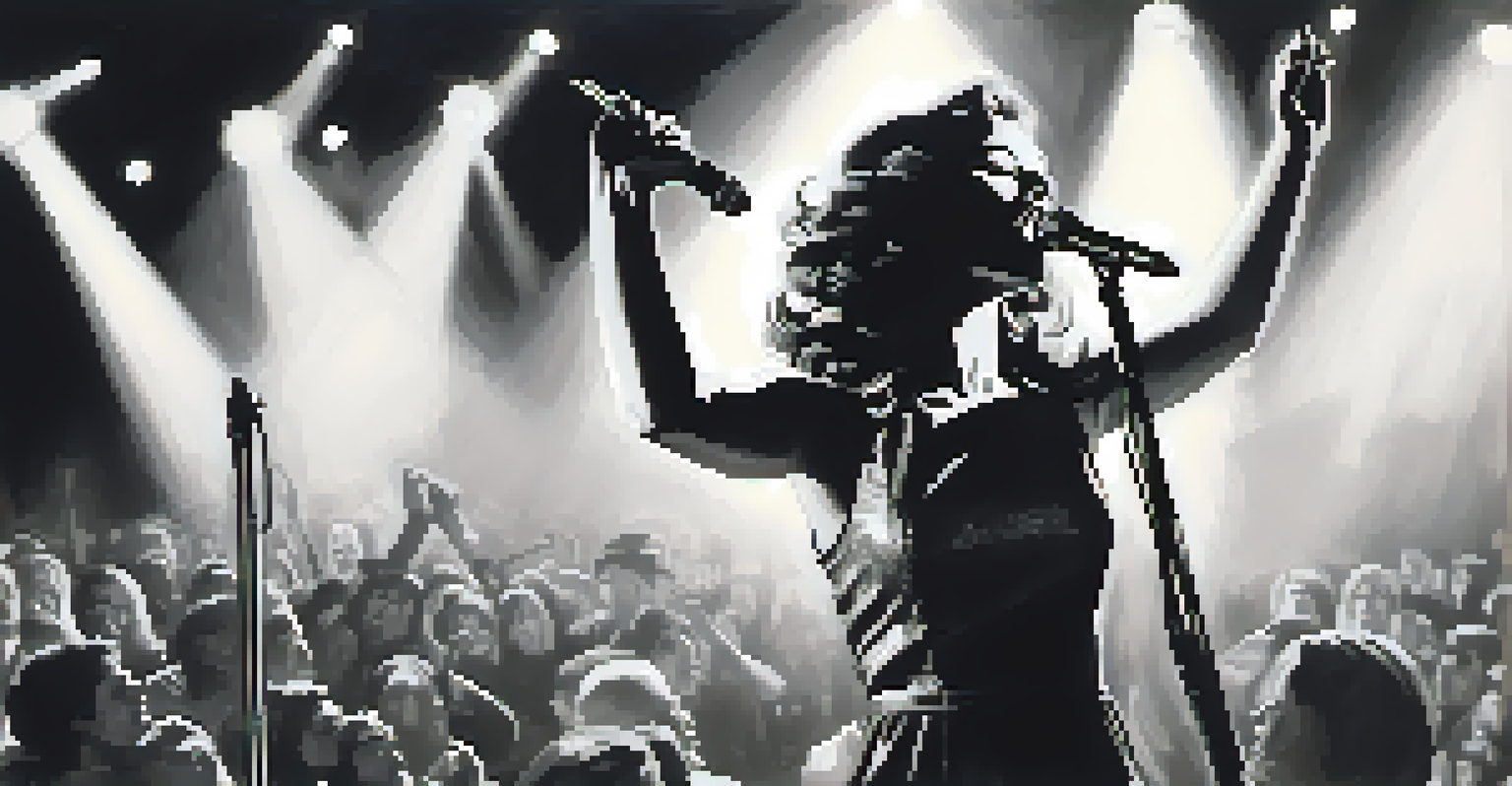 A black and white image of a female rock musician singing into a microphone with an engaged audience in the background.