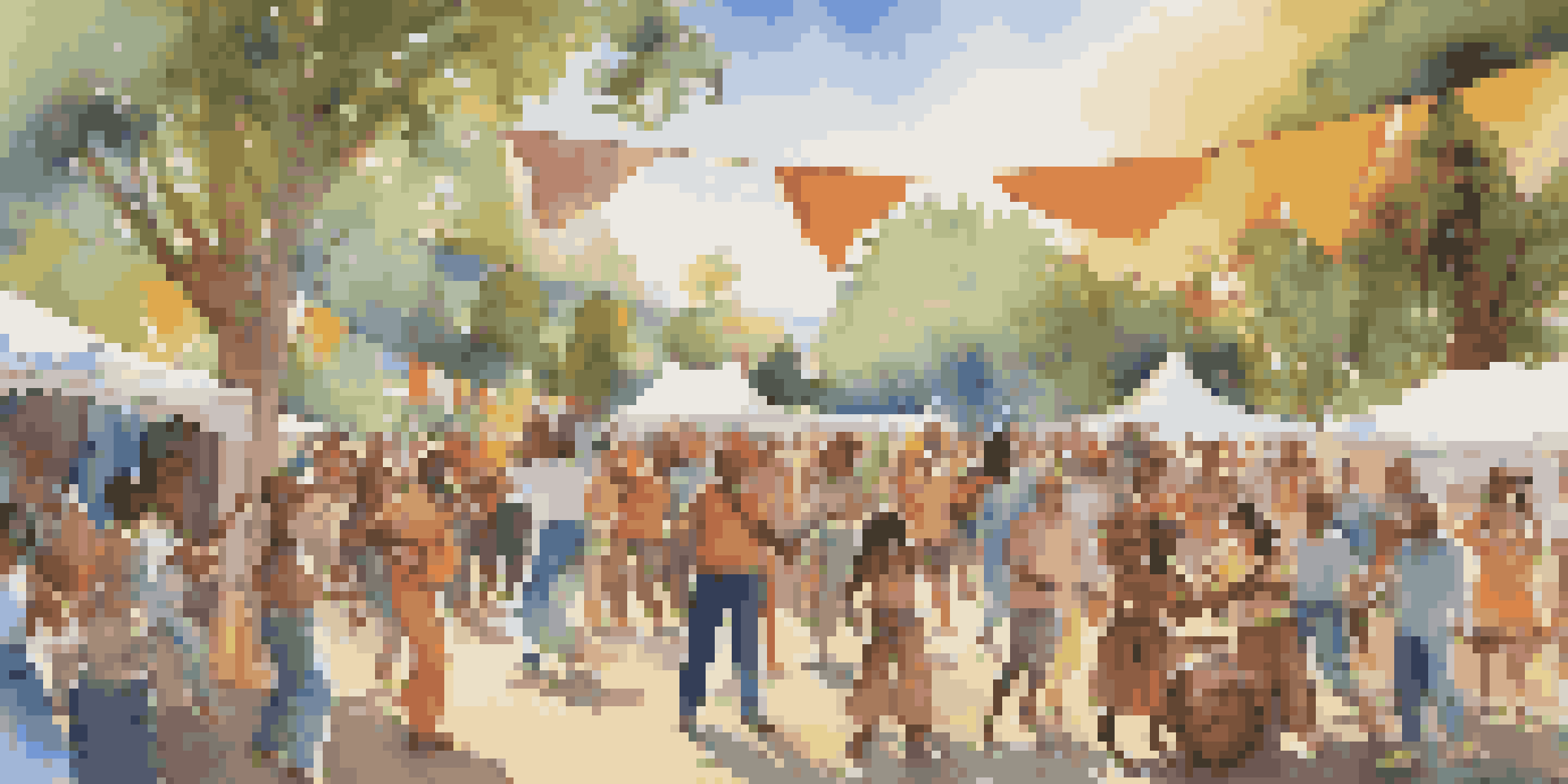 A community music festival with diverse people dancing and musicians playing traditional instruments under a sunny blue sky.