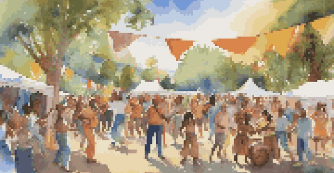 A community music festival with diverse people dancing and musicians playing traditional instruments under a sunny blue sky.