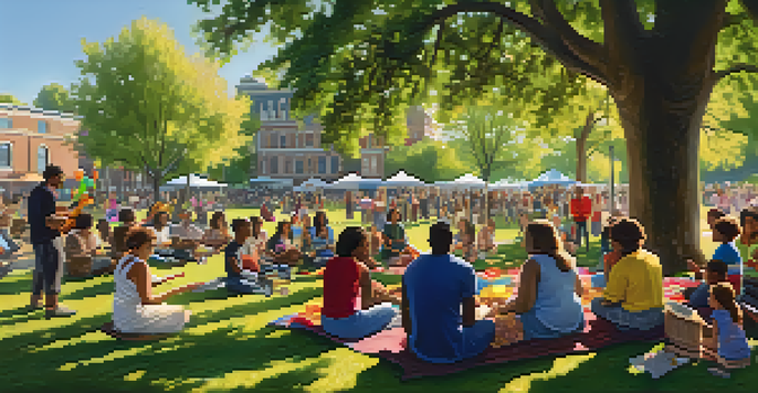 A diverse group of people in a park enjoying a community music program, with instruments and singing.