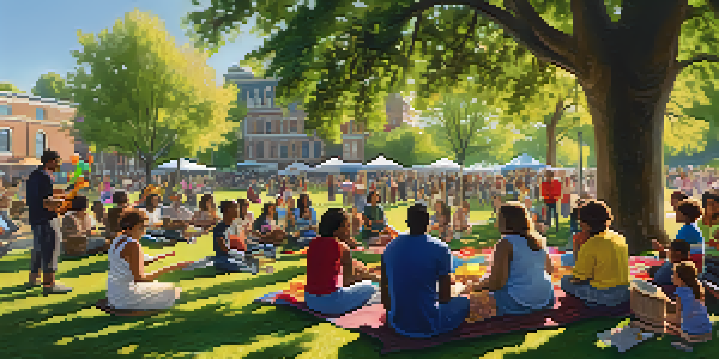 A diverse group of people in a park enjoying a community music program, with instruments and singing.
