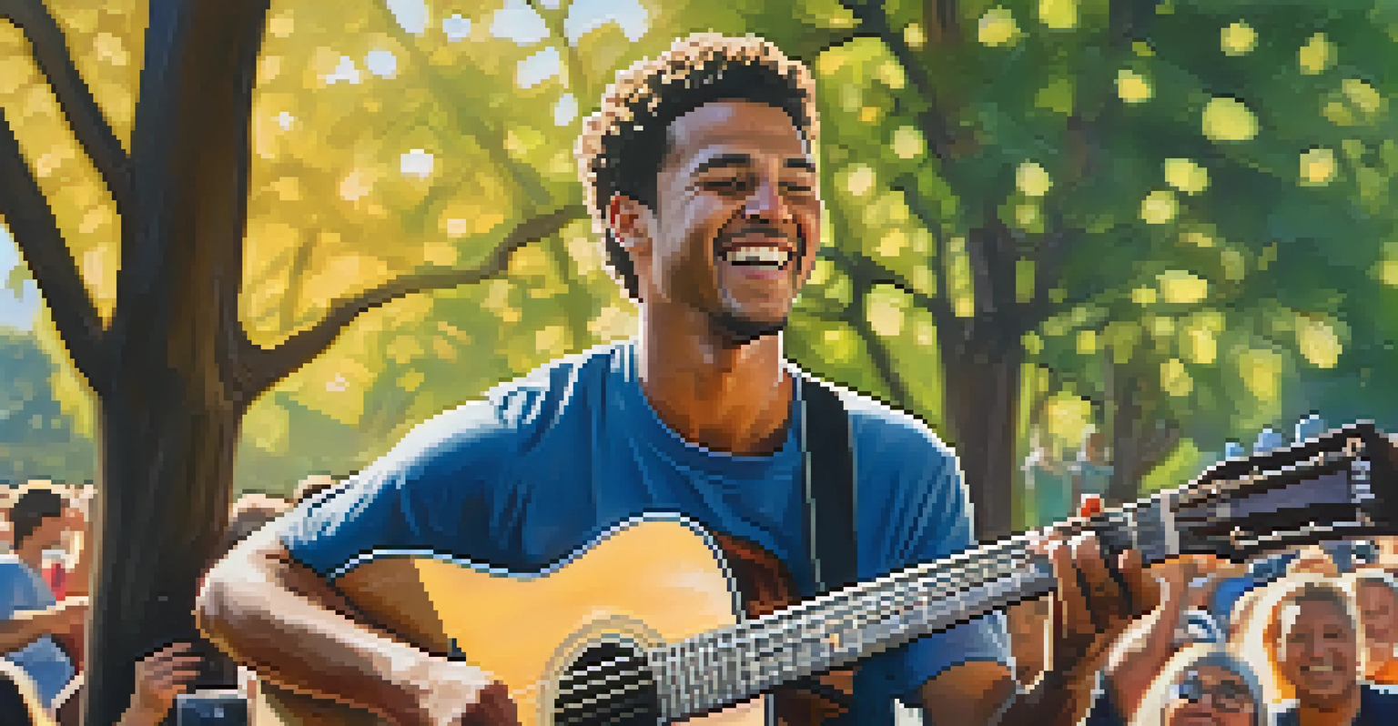 A local musician playing an acoustic guitar with smiling festival-goers in the background, illuminated by warm sunlight.