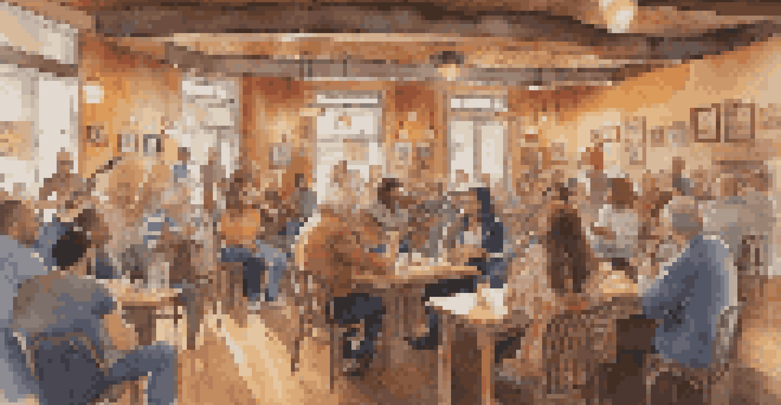 A cozy café setting with a local band performing to an engaged audience, illuminated by warm lighting.