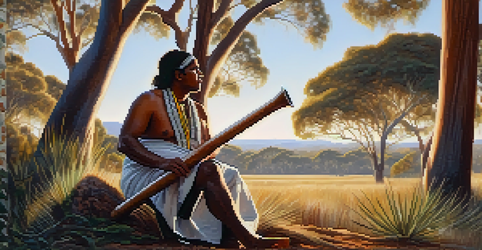 An Aboriginal musician playing a didgeridoo in a forest setting with sunlight filtering through the trees.