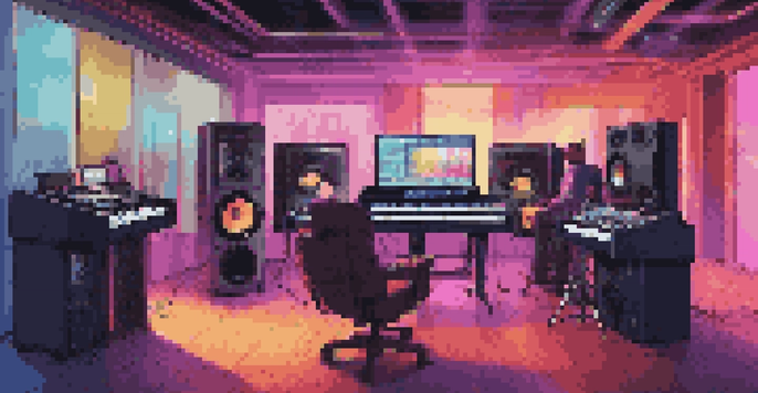A modern music studio with musicians collaborating around advanced technology and colorful lighting.