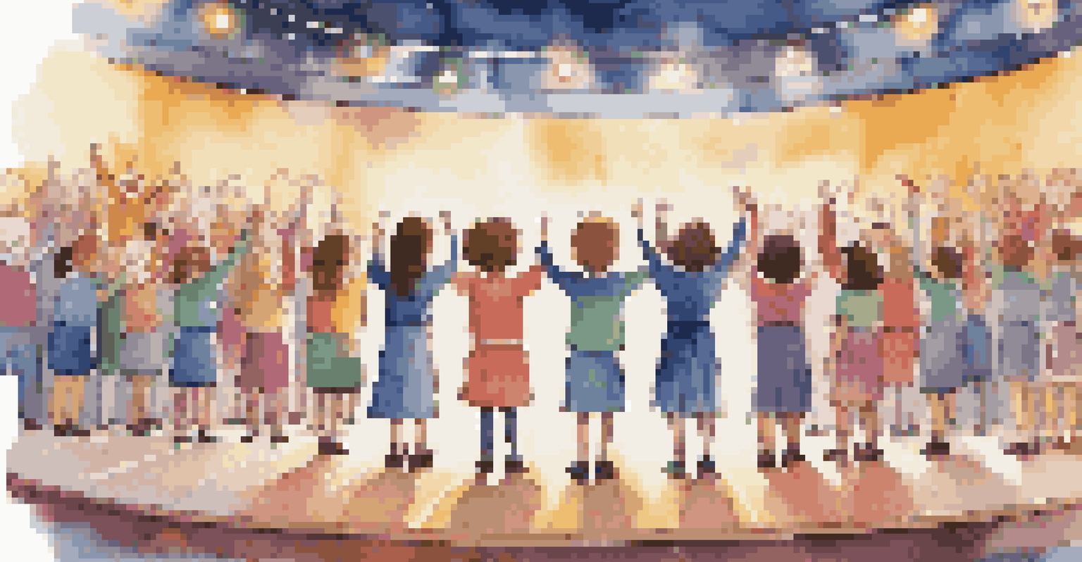 A choir of students in colorful outfits singing joyfully on a decorated stage.