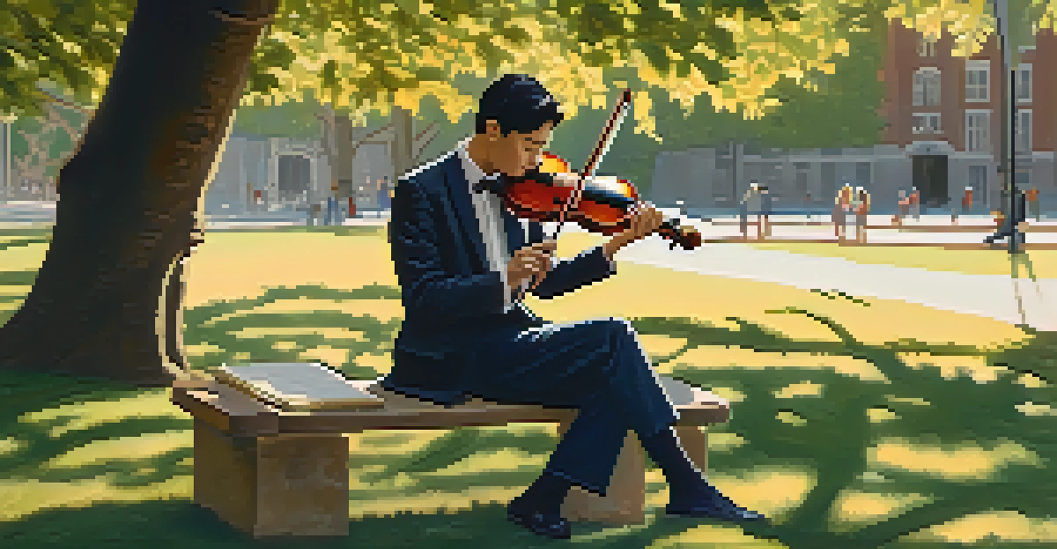 A classical musician playing violin in a sunlit park with onlookers enjoying the performance.