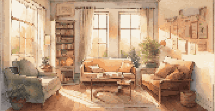 A cozy therapy room with a sofa and a guitar, illuminated by soft sunlight.