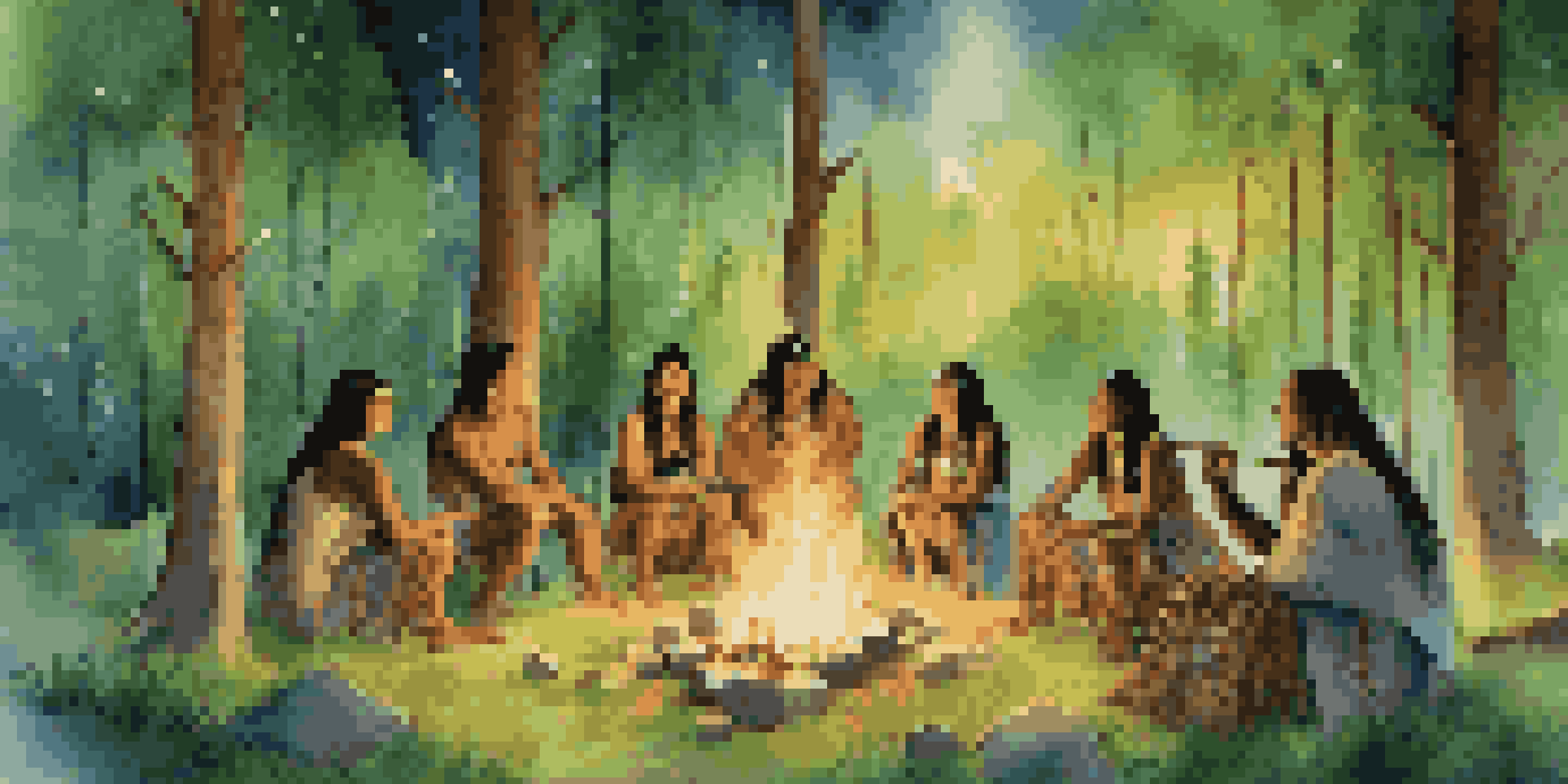 A group of Indigenous people in traditional clothing playing drums and flutes around a fire in a forest at night.