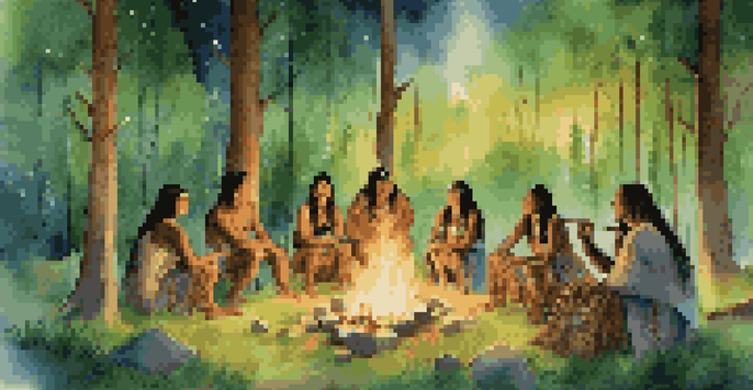 A group of Indigenous people in traditional clothing playing drums and flutes around a fire in a forest at night.