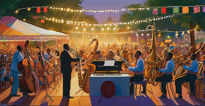 A lively jazz festival with diverse musicians playing instruments and an enthusiastic crowd enjoying the performance under colorful lights.