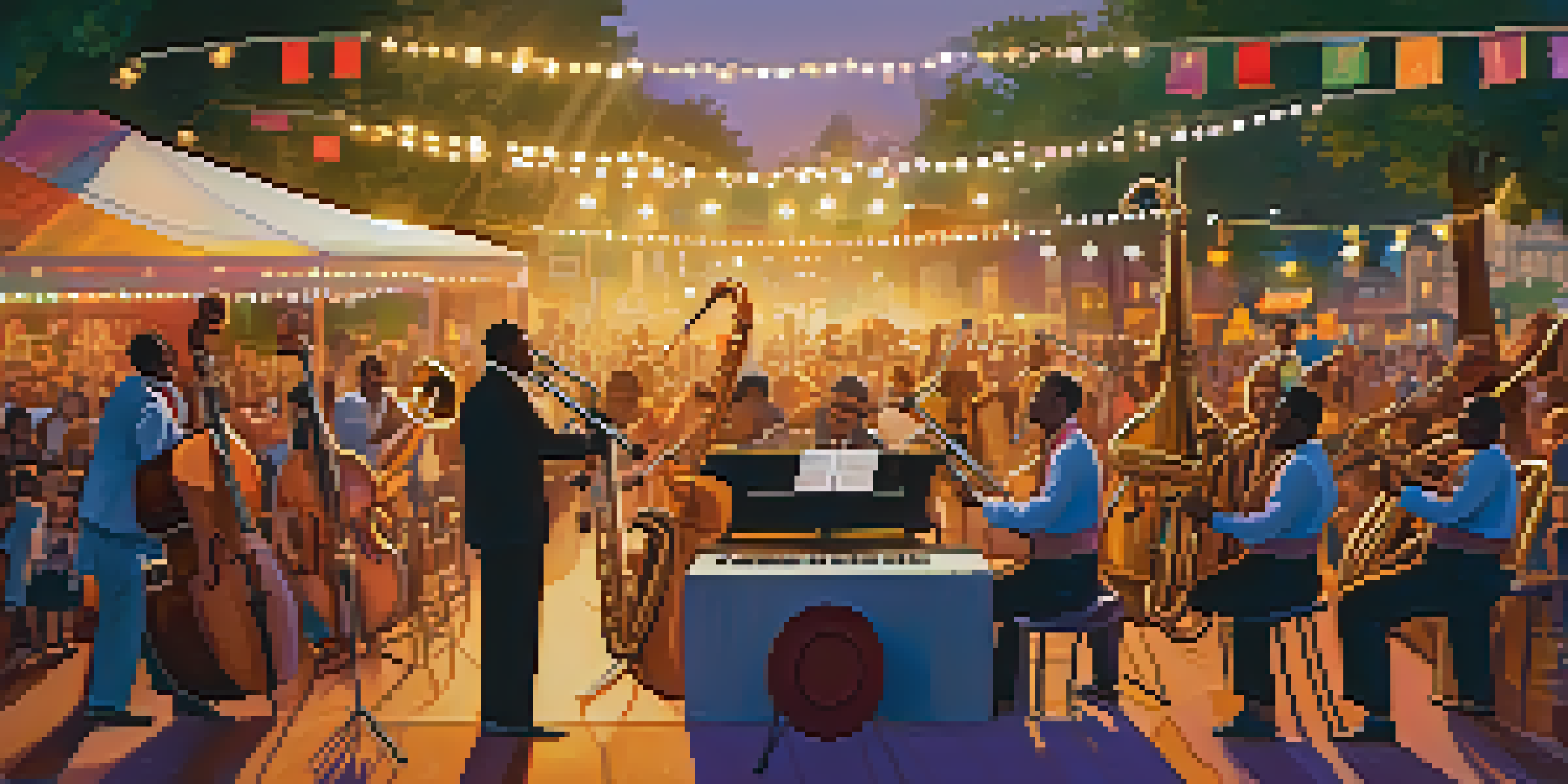 A lively jazz festival with diverse musicians playing instruments and an enthusiastic crowd enjoying the performance under colorful lights.