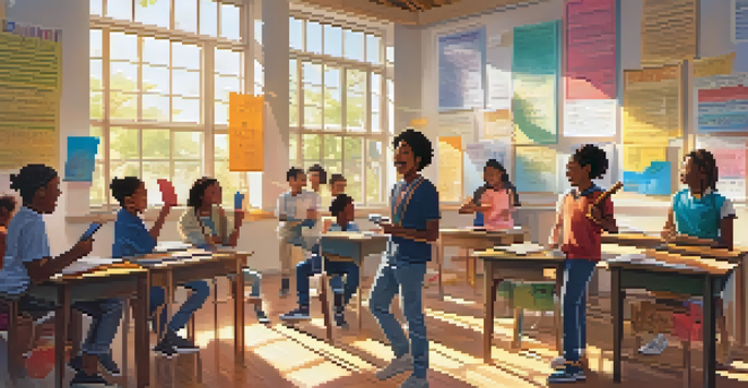 A diverse group of students in a bright classroom singing together with a smartphone, surrounded by musical notes and colorful posters.