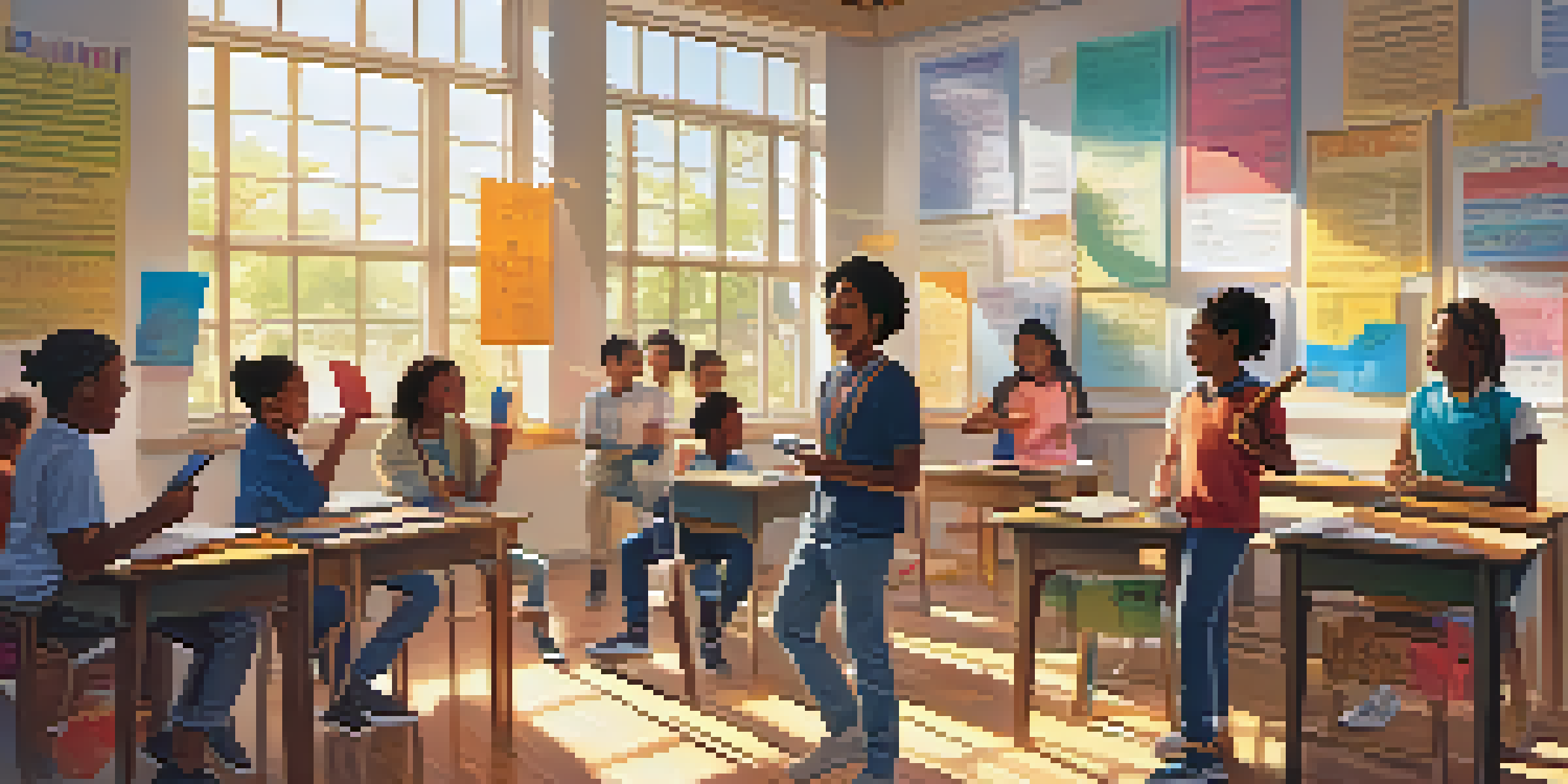 A diverse group of students in a bright classroom singing together with a smartphone, surrounded by musical notes and colorful posters.