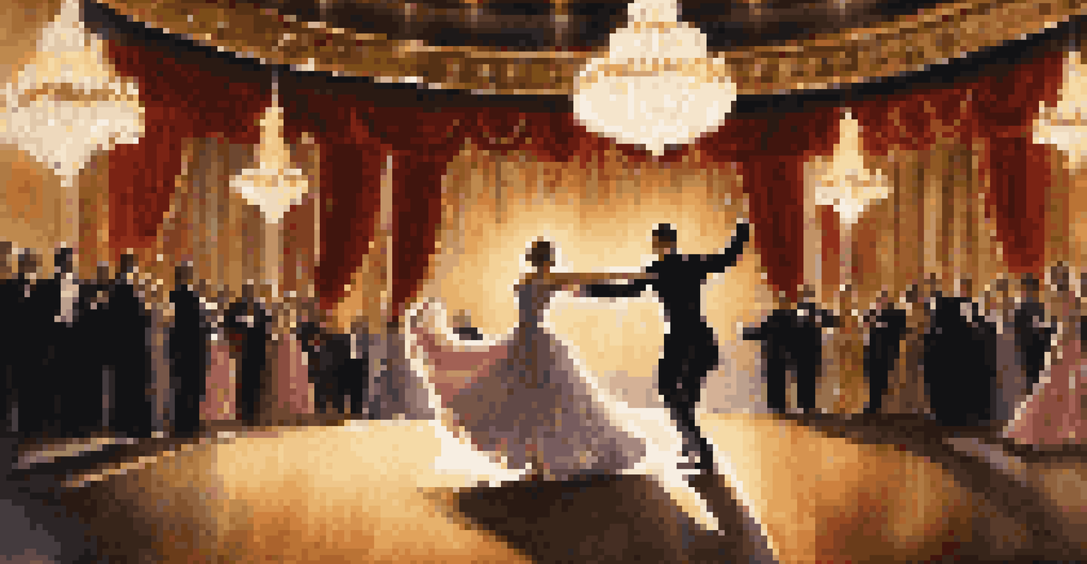 A couple dancing gracefully under a spotlight on a grand stage with velvet curtains and chandeliers.