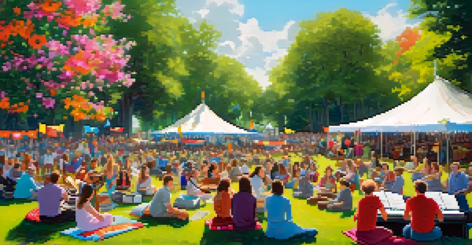 An outdoor classical music festival with musicians on stage and a diverse audience enjoying the performance amidst colorful decorations.