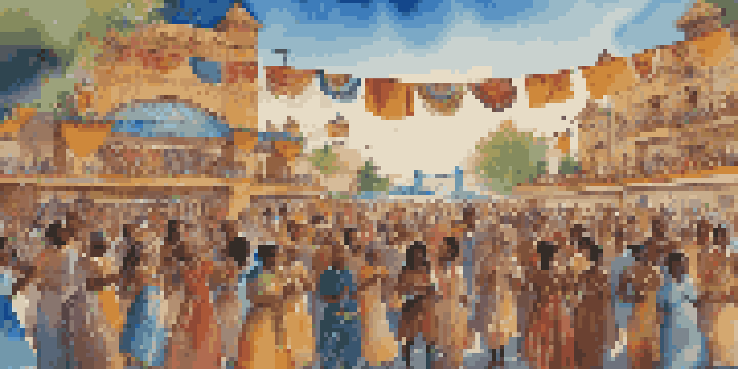 A lively outdoor music festival with diverse musicians on stage and an engaged audience, surrounded by cultural decorations during sunset.