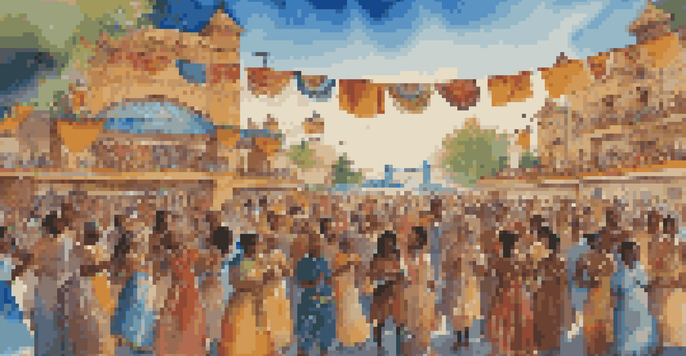 A lively outdoor music festival with diverse musicians on stage and an engaged audience, surrounded by cultural decorations during sunset.