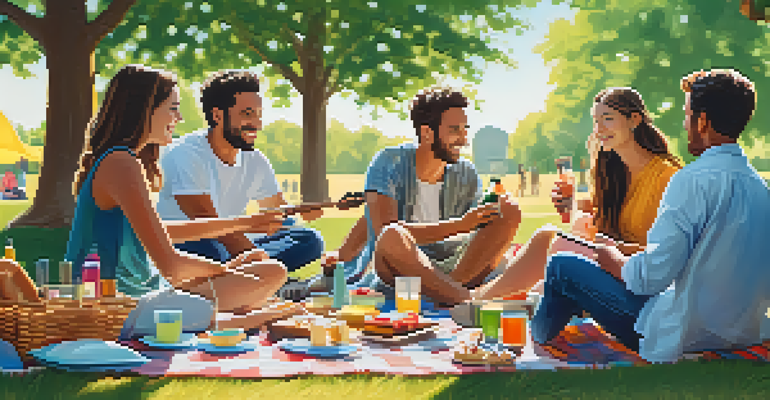 Friends enjoying music at an outdoor picnic, with a portable speaker and colorful snacks, surrounded by trees and sunlight.