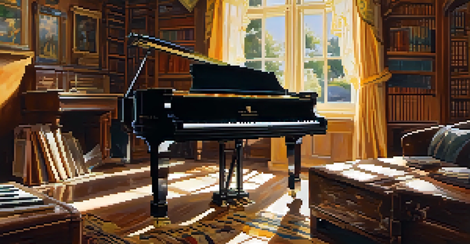 A musician playing a grand piano with sheet music scattered around in a cozy room filled with musical instruments.
