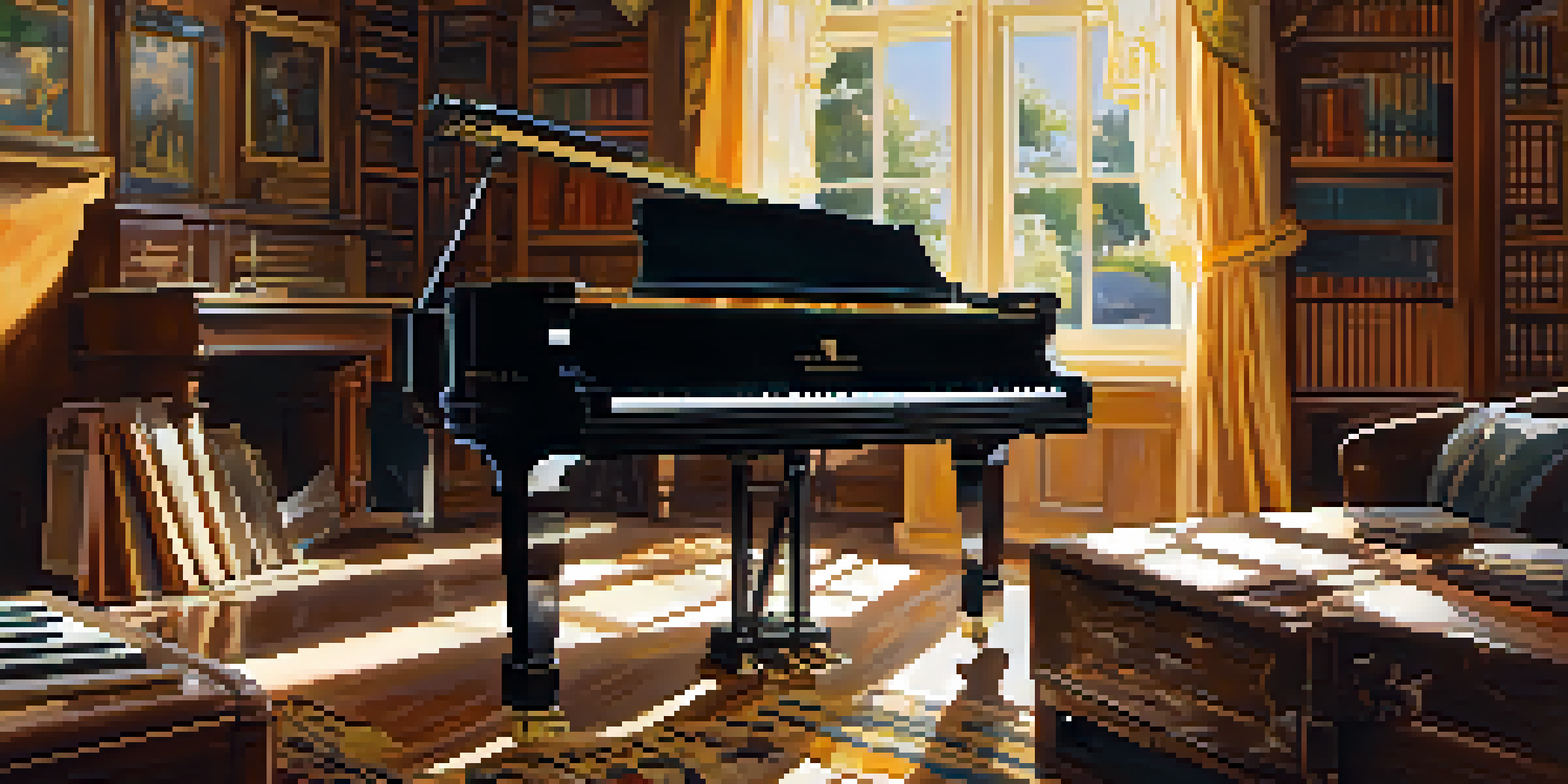 A musician playing a grand piano with sheet music scattered around in a cozy room filled with musical instruments.