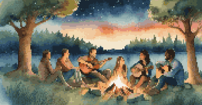 A diverse group of people sitting around a campfire at night, sharing stories and music under a starry sky, with instruments nearby.
