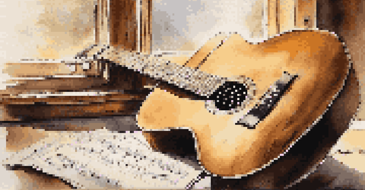 A close-up of an acoustic guitar on a rustic wooden surface with scattered sheet music, illuminated by soft natural light.