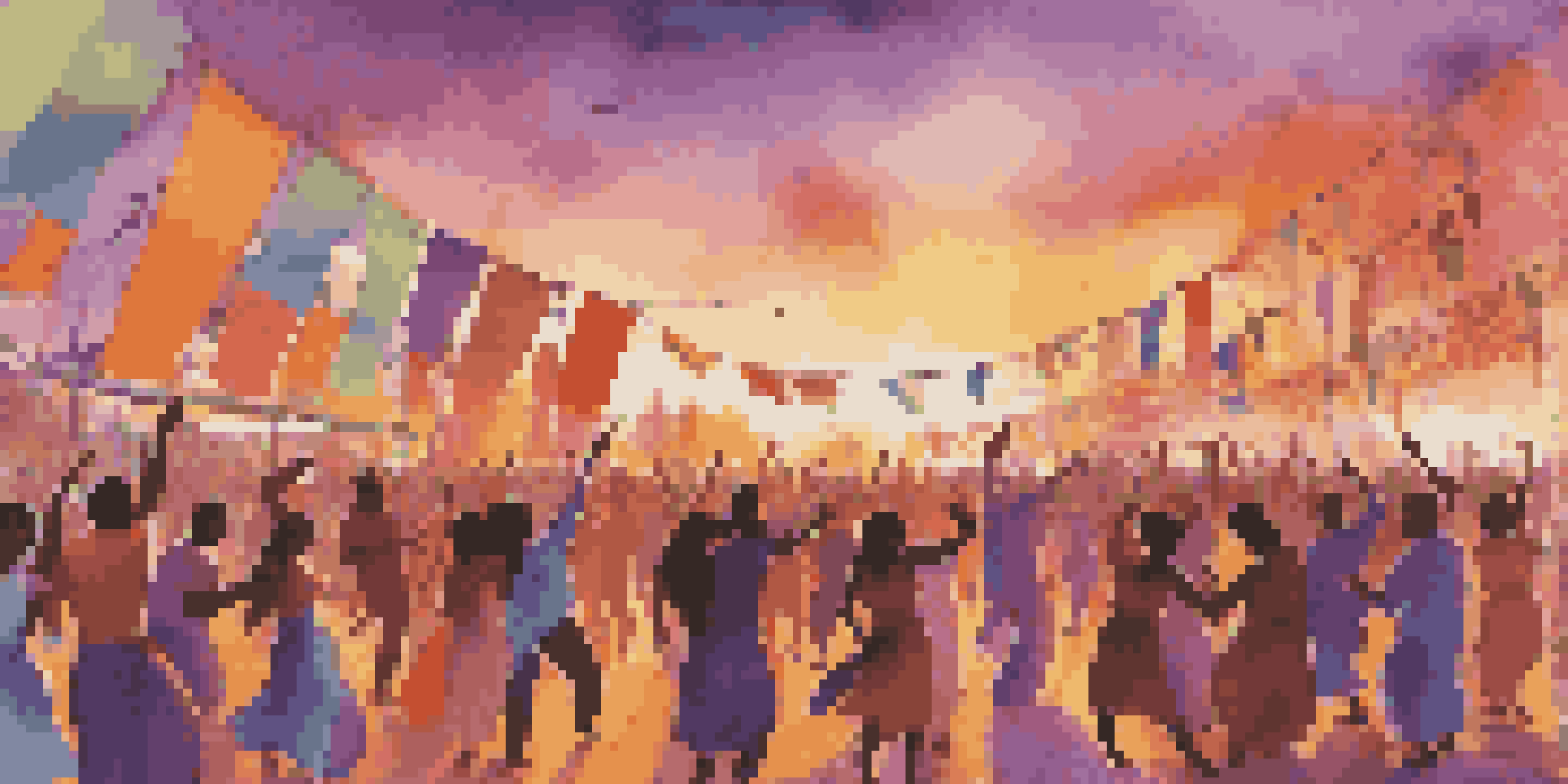 A lively music festival at sunset with diverse attendees dancing, colorful flags, and musicians on stage.