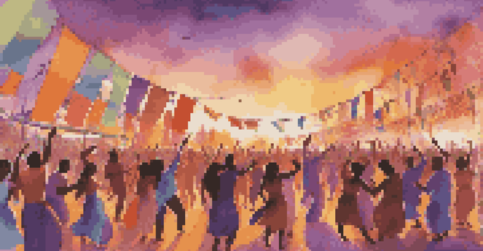 A lively music festival at sunset with diverse attendees dancing, colorful flags, and musicians on stage.