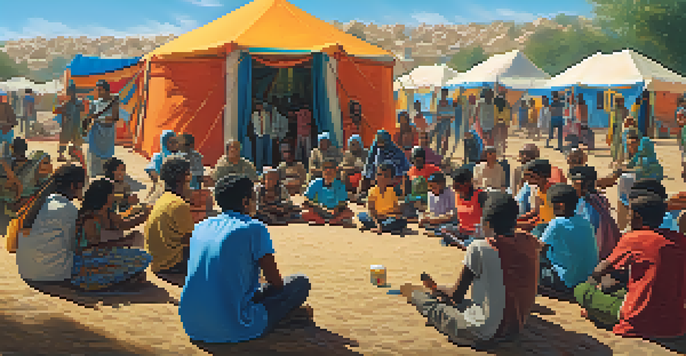 A group of people in a refugee camp playing musical instruments together, showcasing joy and connection amidst colorful tents under a bright sky.
