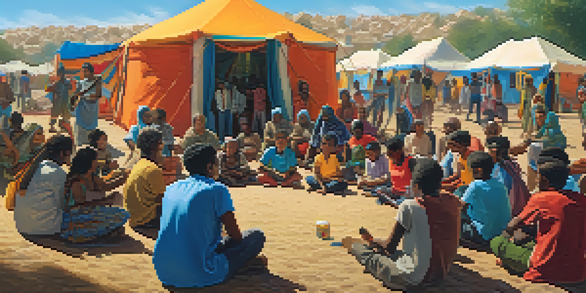 A group of people in a refugee camp playing musical instruments together, showcasing joy and connection amidst colorful tents under a bright sky.