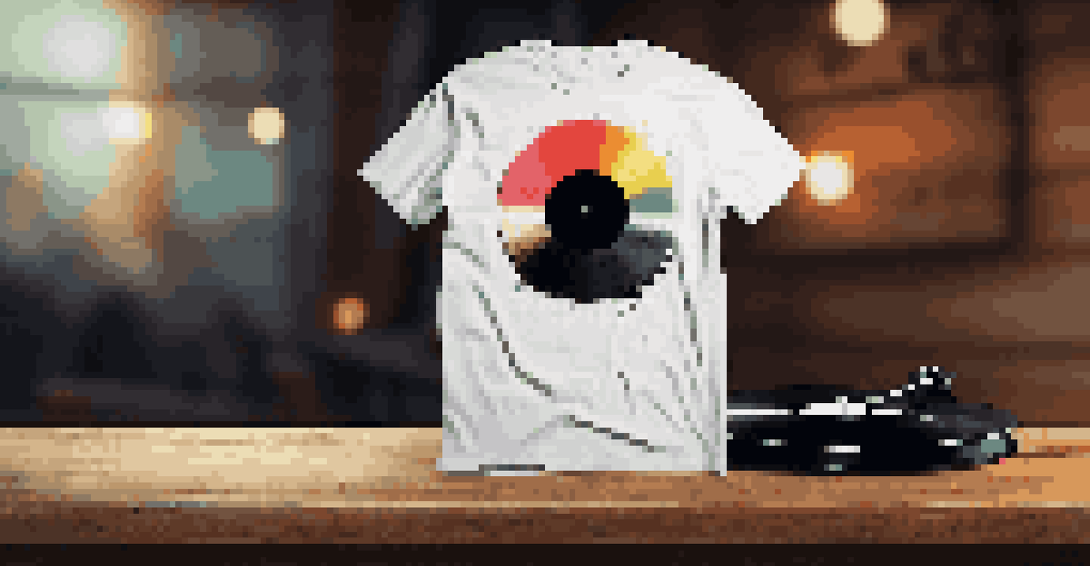 A close-up view of a limited-edition vinyl record and a custom-designed T-shirt on a rustic wooden table, with a soft-focus background of lights.