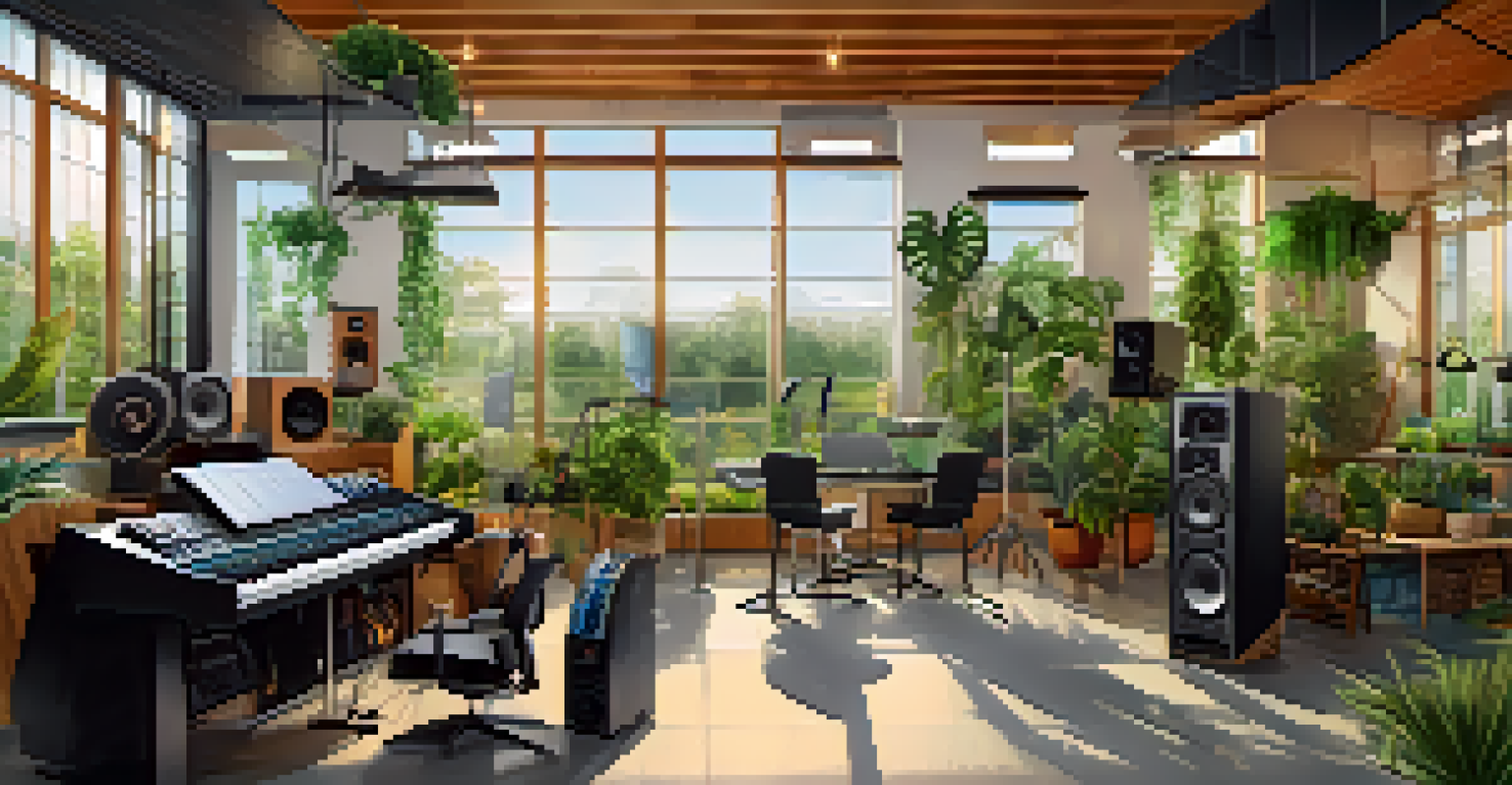 An eco-friendly recording studio featuring solar panels, energy-efficient equipment, and musicians collaborating in a bright, plant-filled space.