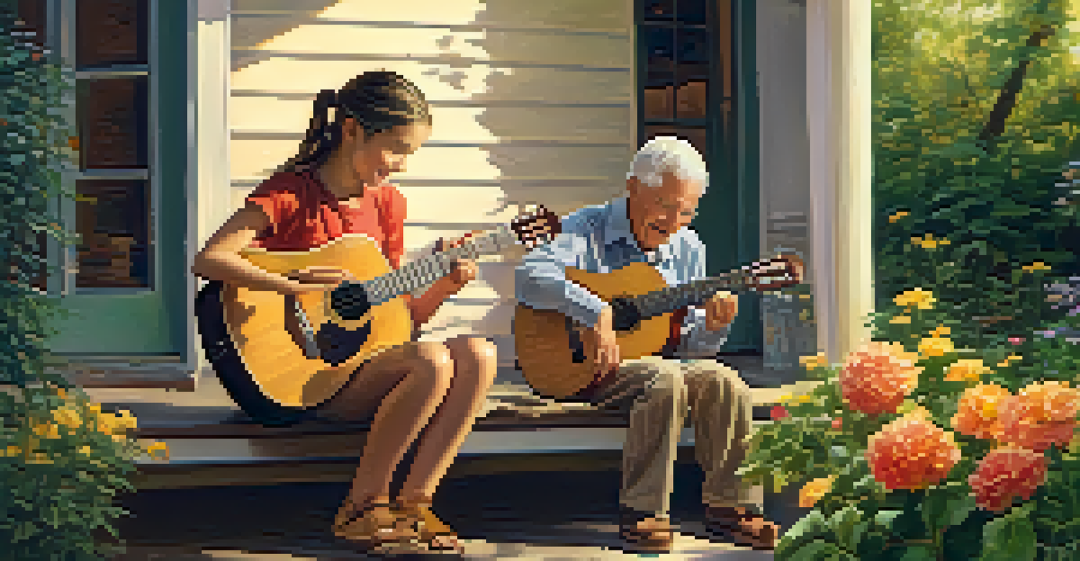 An elderly man and a young girl joyfully playing guitar together on a porch, surrounded by a vibrant garden in warm afternoon light.