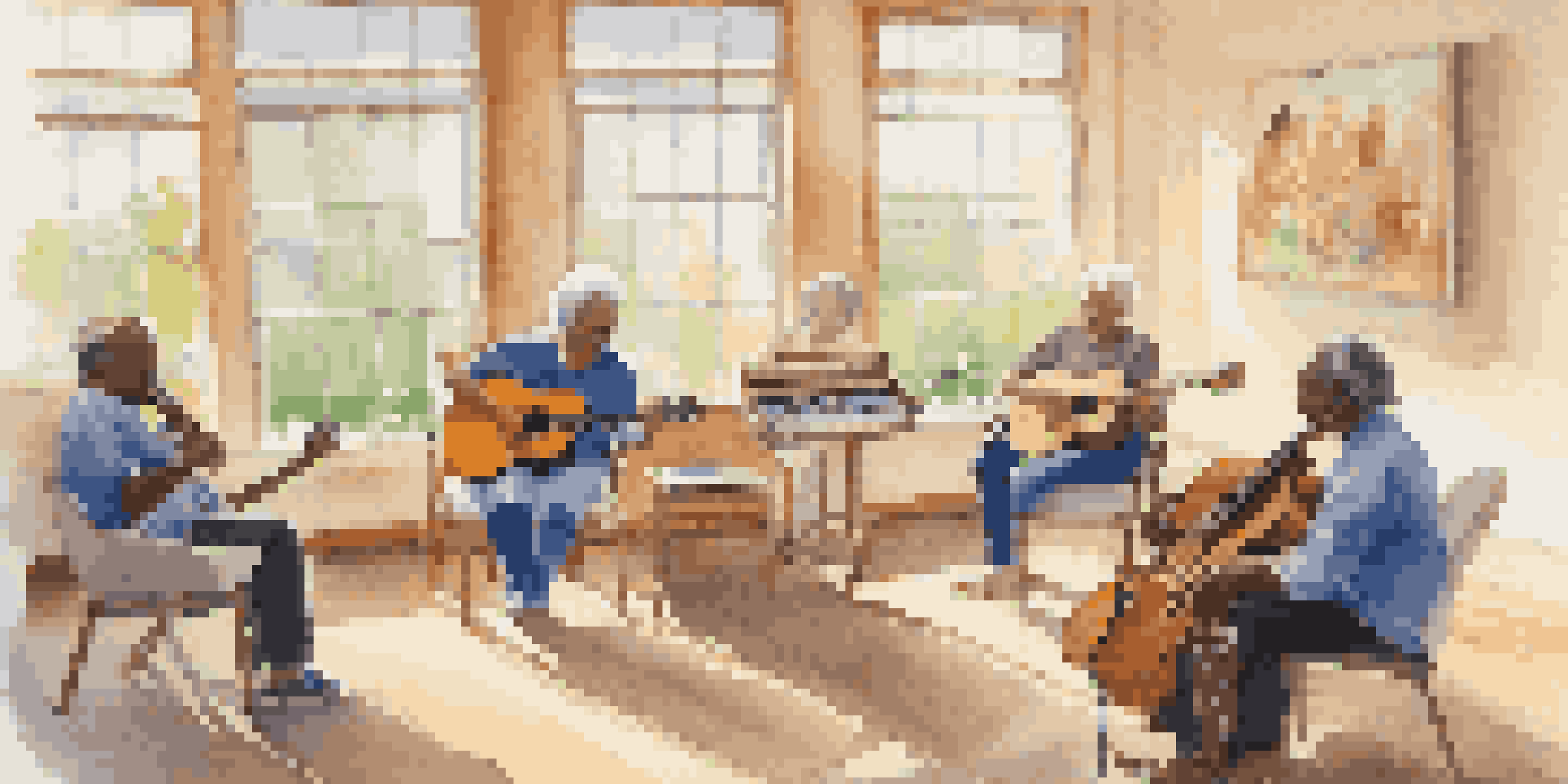 A group of diverse stroke patients participating in a music therapy session with various instruments in a bright room.