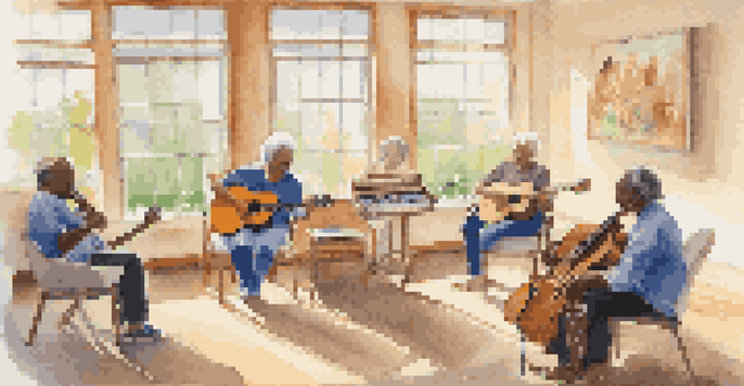 A group of diverse stroke patients participating in a music therapy session with various instruments in a bright room.