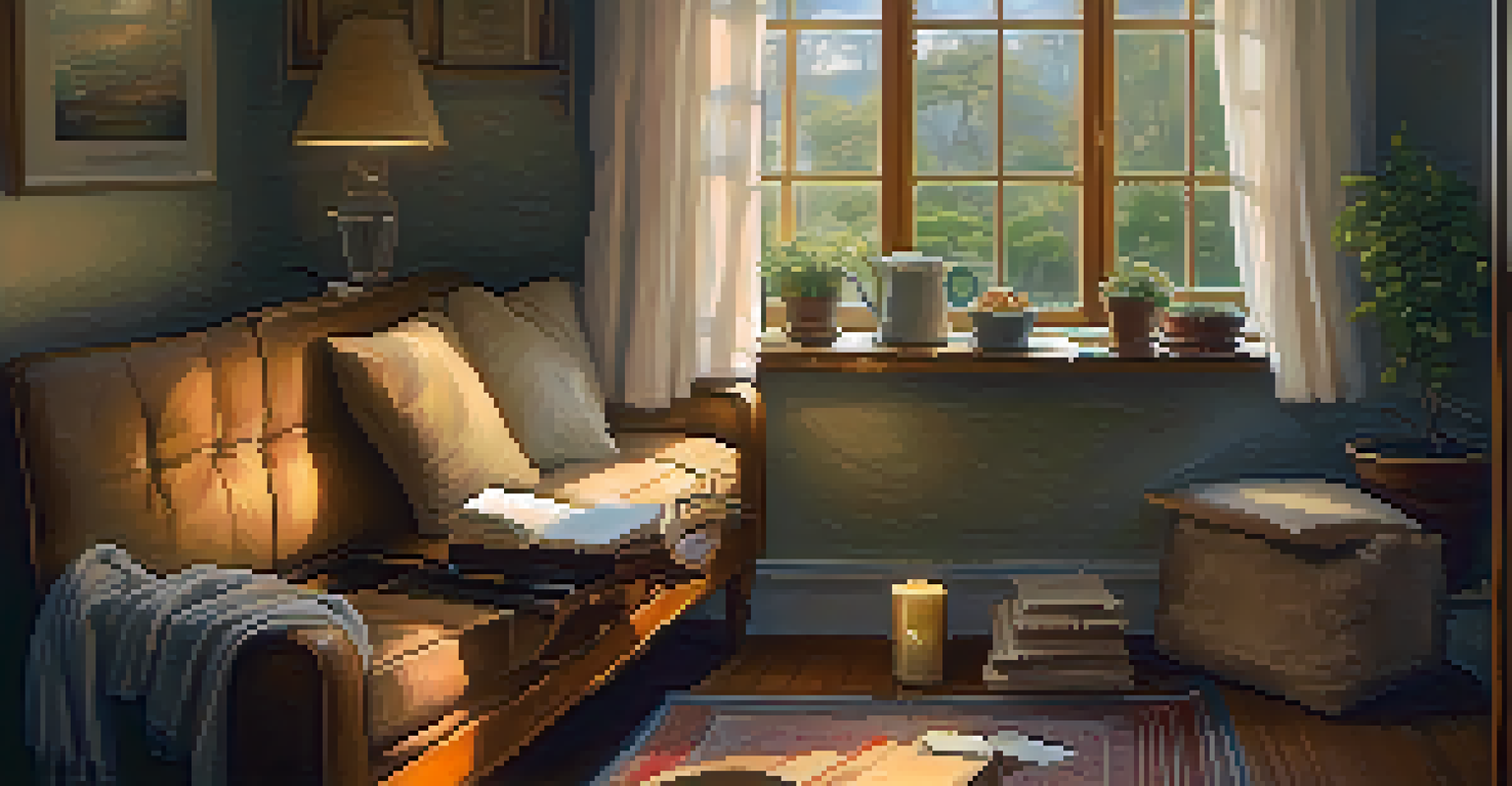 A person sitting with a guitar and handwritten lyrics in a cozy corner, surrounded by pillows and warm lighting, focusing on songwriting.