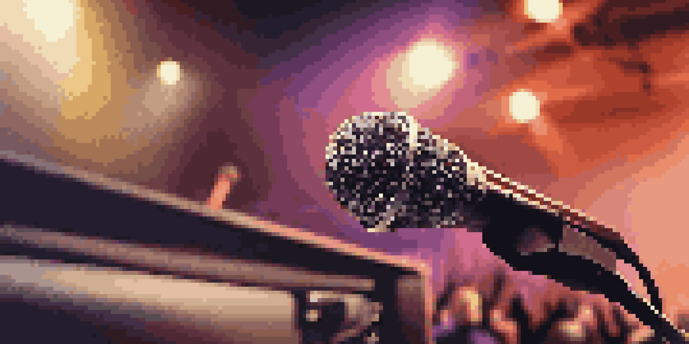 A professional audio setup with a microphone and speaker, positioned to minimize acoustic feedback, illuminated by warm lighting.