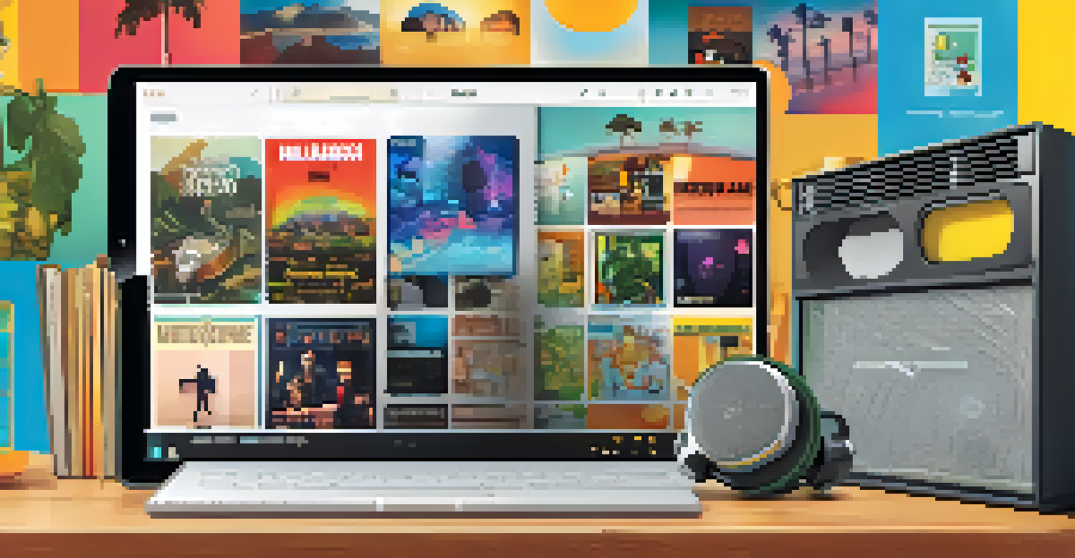 A digital tablet displaying a streaming service interface with album covers, surrounded by headphones and a coffee cup on a wooden table.