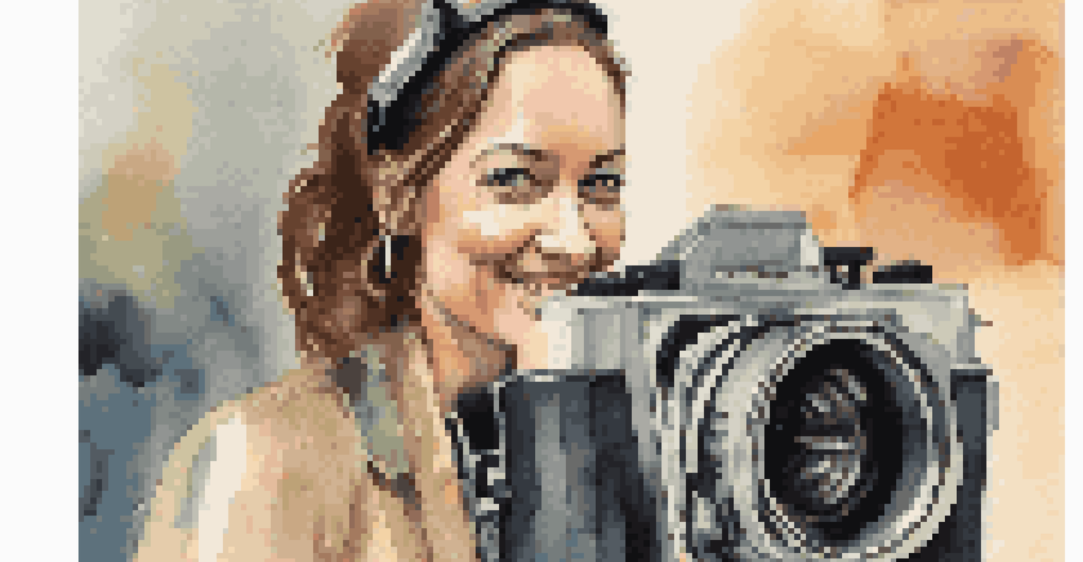 A confident female filmmaker holding a camera at a film festival, with film reels and posters in the background.
