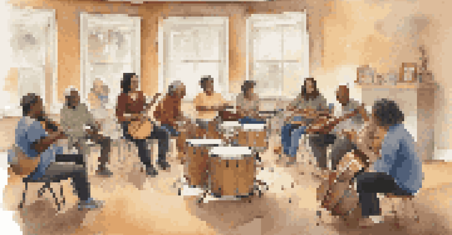 A community music therapy session with diverse participants playing drums in a warmly lit room.