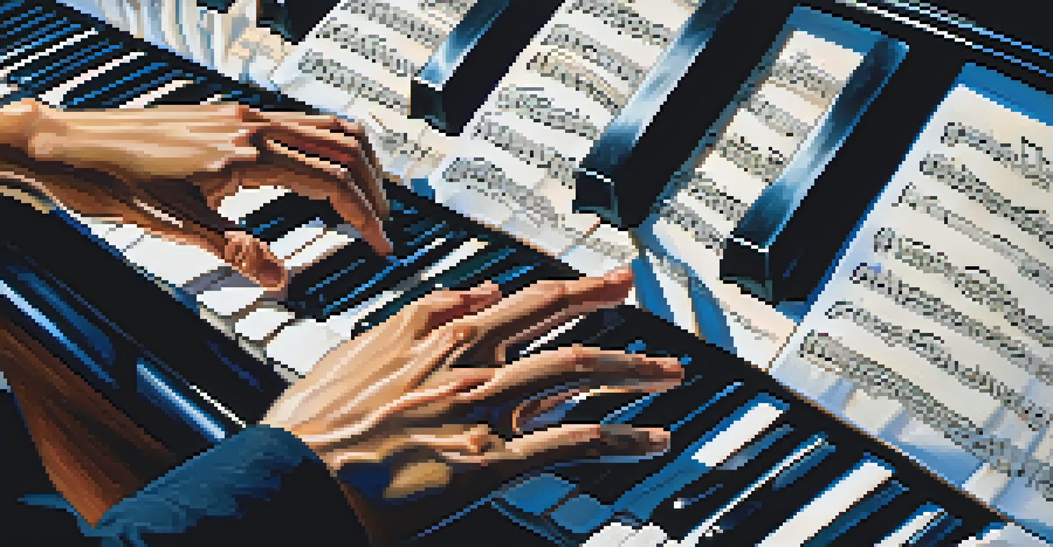 A close-up of a musician's hands playing a grand piano, with sheet music visible and soft background blur.