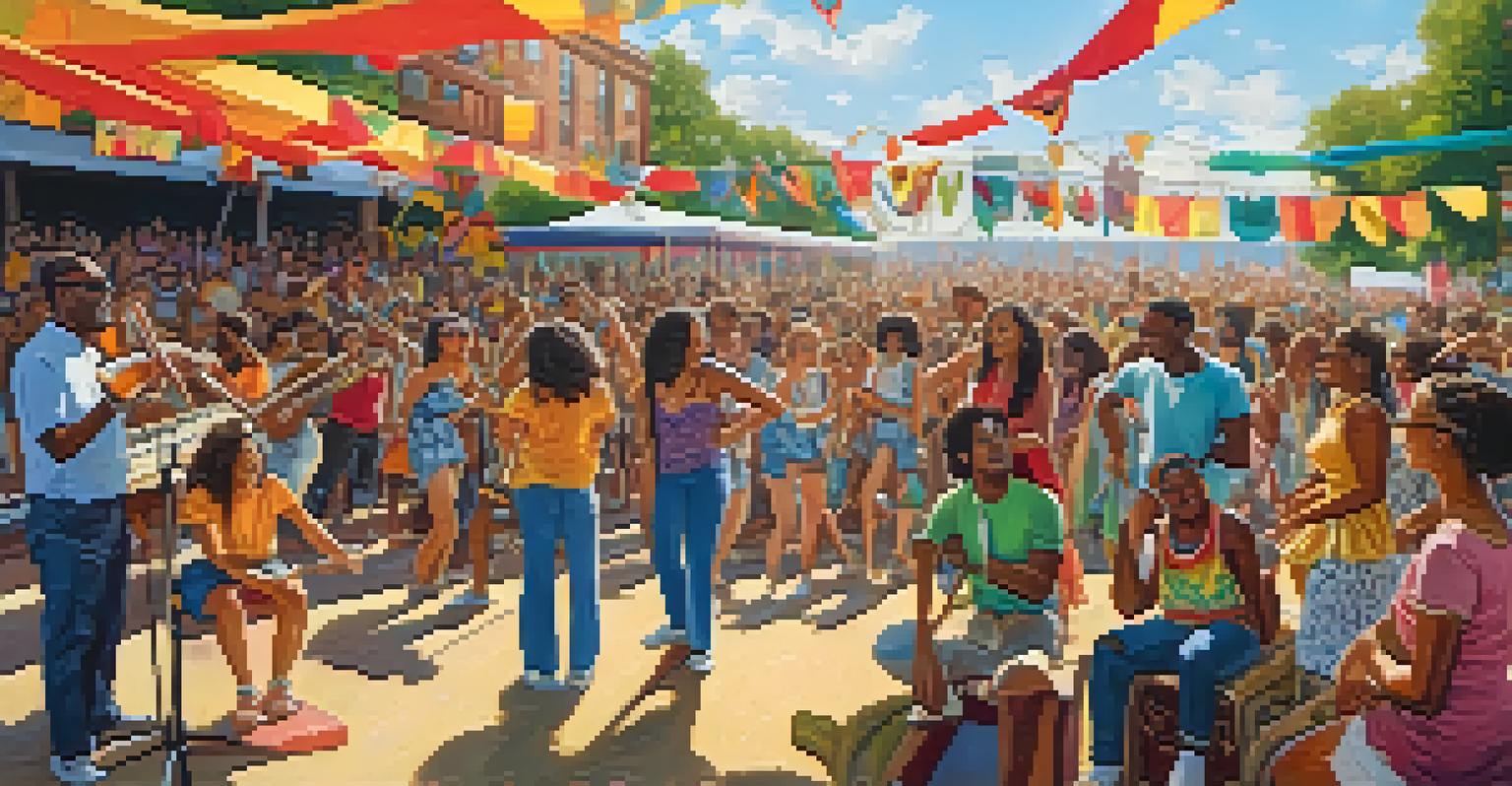 An outdoor music festival featuring diverse performers on stage with an engaged audience dancing and enjoying the lively atmosphere under a sunny sky.