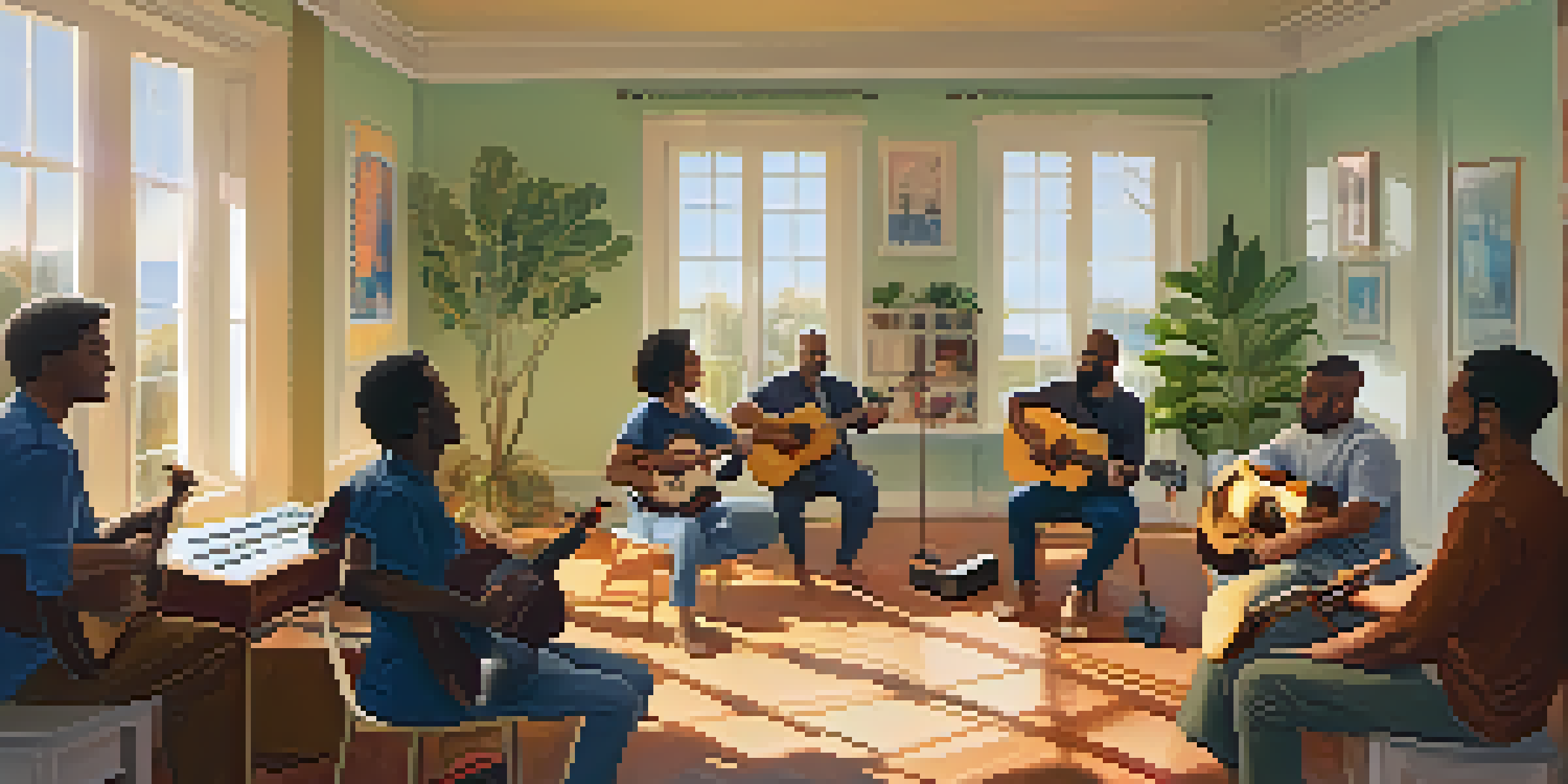 A group of veterans engaged in a music therapy session, playing instruments with joy in a softly lit room.