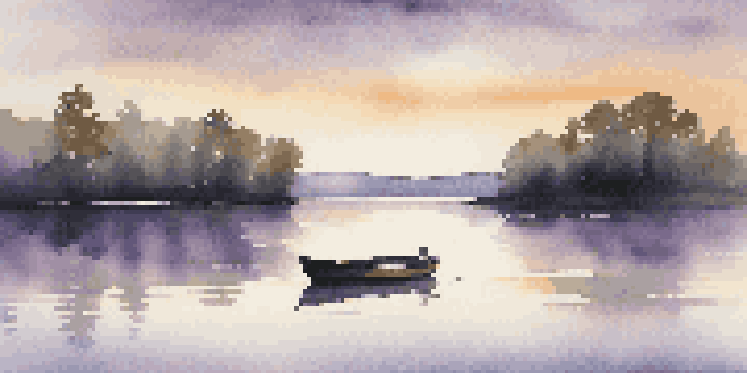 A peaceful lakeside at sunset with soft golden and lavender hues reflecting on the water, surrounded by silhouetted trees and a small wooden boat.