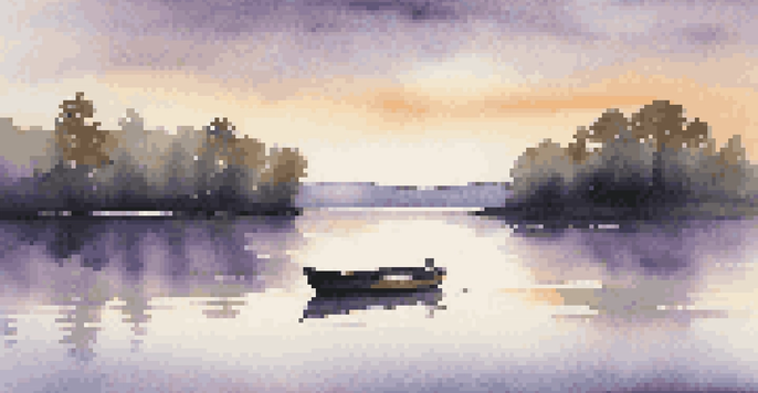 A peaceful lakeside at sunset with soft golden and lavender hues reflecting on the water, surrounded by silhouetted trees and a small wooden boat.